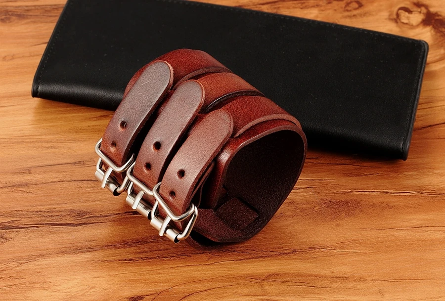 TYO Classic Men's Boys Adjustable Genuine Leather Cuff Bracelet Punk Rock Jewelry Black/Brown Three Layers Watch Bangles