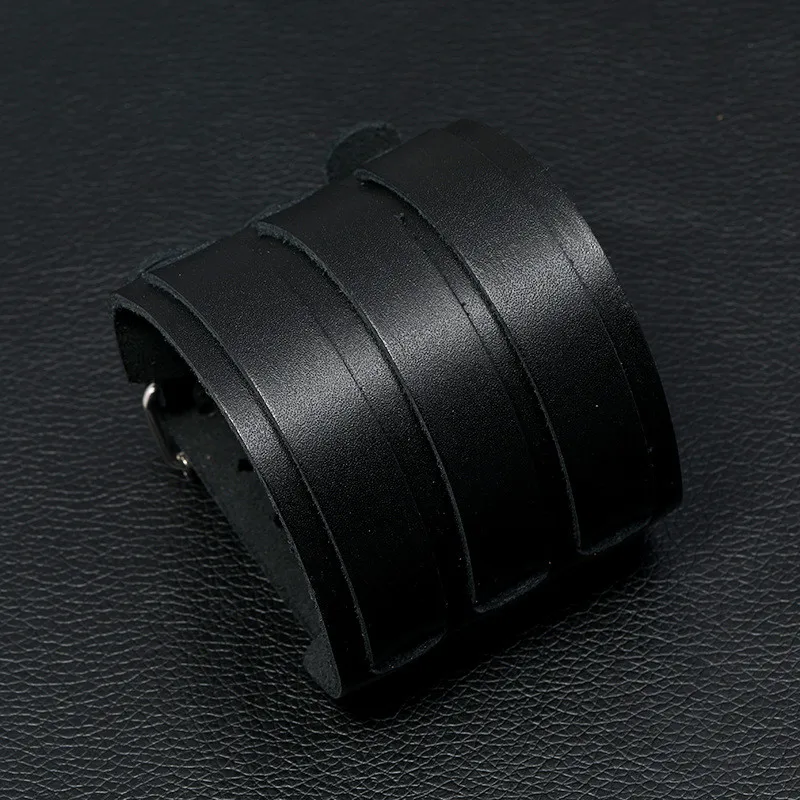 KOTik 2024 New Fashion Genuine Leather Wide Cuff Bangles Punk Vintage Three Layers Wide Black Brown Men Jewelry Bracelets KOTik 2024 New Fashion Genuine Leather Wide Cuff Bangles Punk Vintage Three Layers Wide Black Brown Men Jewelry Bracelets