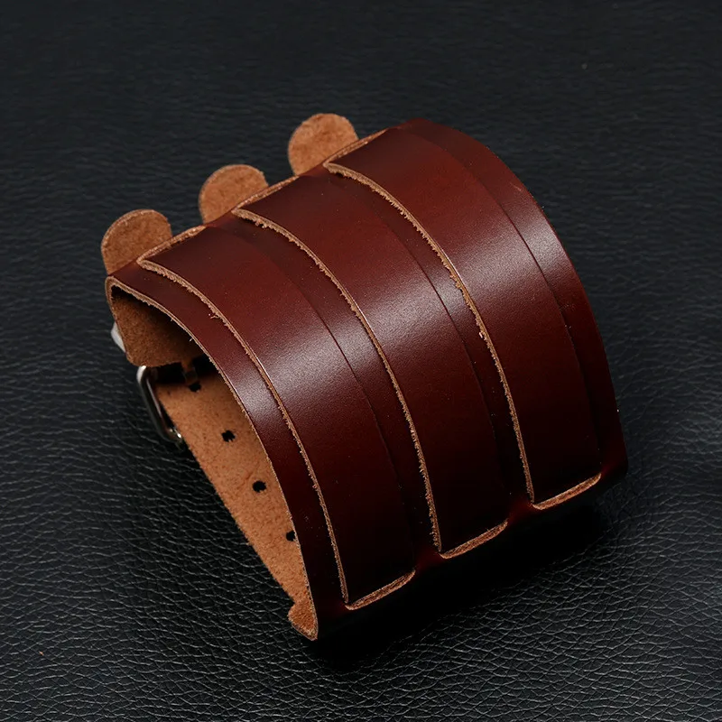 KOTik 2024 New Fashion Genuine Leather Wide Cuff Bangles Punk Vintage Three Layers Wide Black Brown Men Jewelry Bracelets
