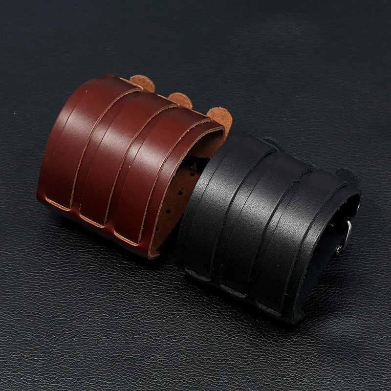 KOTik 2024 New Fashion Genuine Leather Wide Cuff Bangles Punk Vintage Three Layers Wide Black Brown Men Jewelry Bracelets