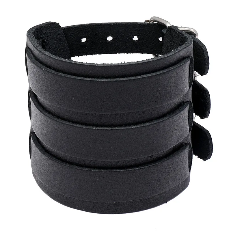 KOTik 2024 New Fashion Genuine Leather Wide Cuff Bangles Punk Vintage Three Layers Wide Black Brown Men Jewelry Bracelets