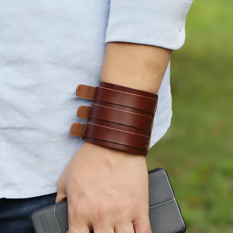KOTik 2024 New Fashion Genuine Leather Wide Cuff Bangles Punk Vintage Three Layers Wide Black Brown Men Jewelry Bracelets KOTik 2024 New Fashion Genuine Leather Wide Cuff Bangles Punk Vintage Three Layers Wide Black Brown Men Jewelry Bracelets