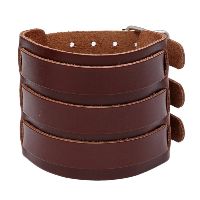 KOTik 2024 New Fashion Genuine Leather Wide Cuff Bangles Punk Vintage Three Layers Wide Black Brown Men Jewelry Bracelets