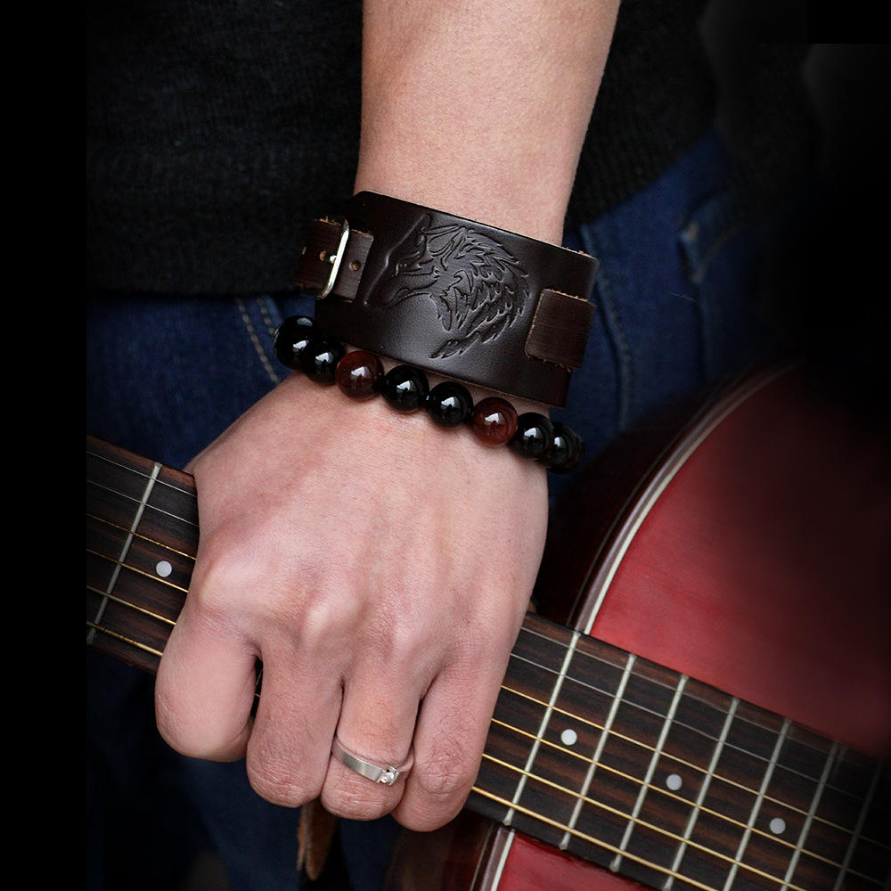 Real leather viking Wolf Bracelet Men Imprint Wide Bracelets Bangles Punk Rock Style Jewelry Vintage Male Black Brown