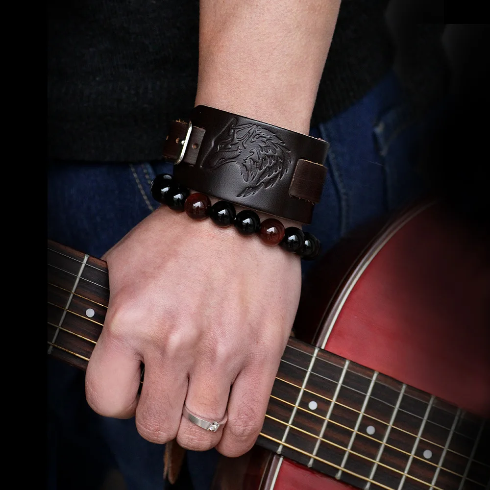 Real leather viking Wolf Bracelet Men Imprint Wide Bracelets Bangles Punk Rock Style Jewelry Vintage Male Black Brown Real leather viking Wolf Bracelet Men Imprint Wide Bracelets Bangles Punk Rock Style Jewelry Vintage Male Black Brown