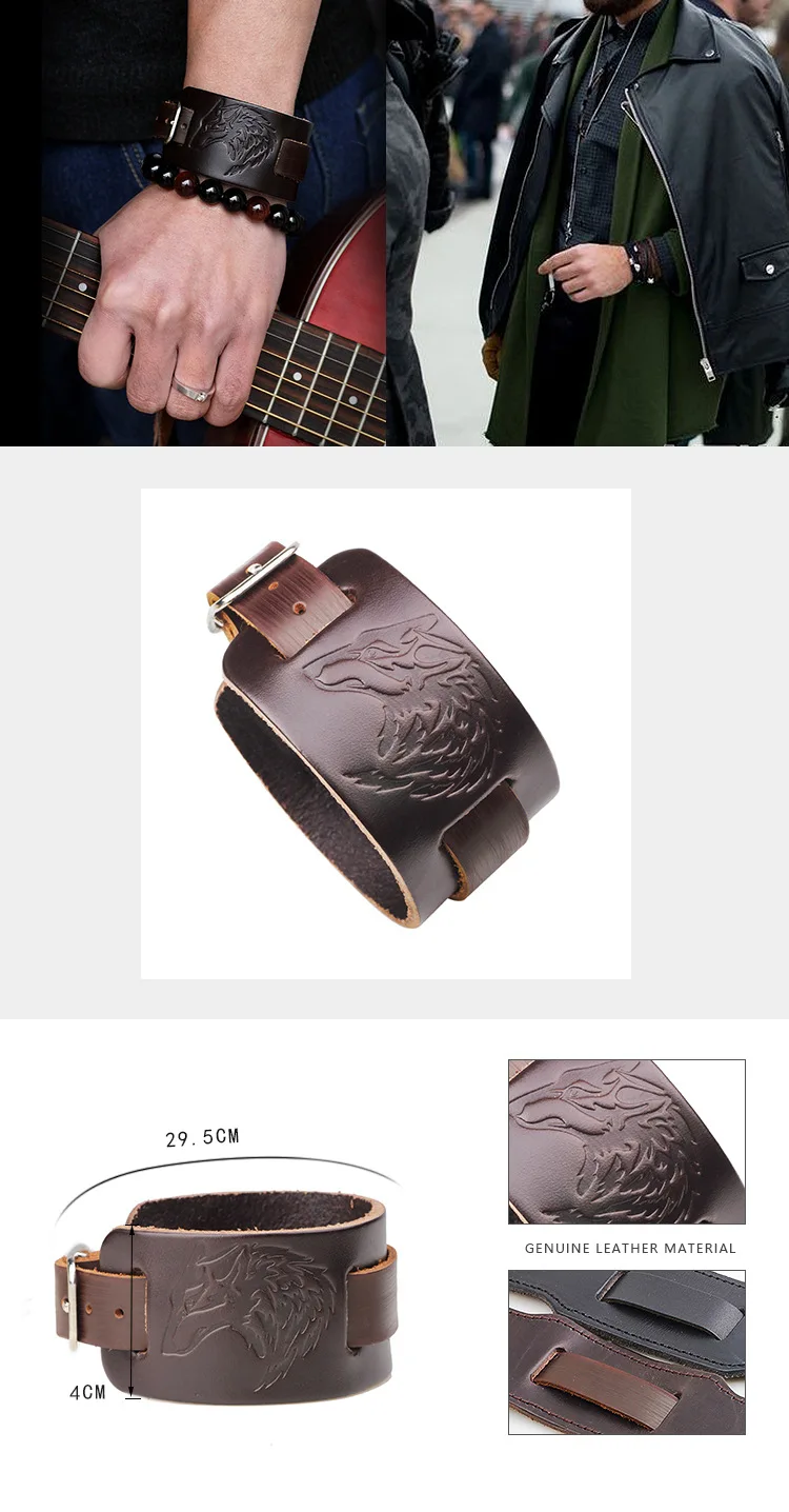 Real leather viking Wolf Bracelet Men Imprint Wide Bracelets Bangles Punk Rock Style Jewelry Vintage Male Black Brown