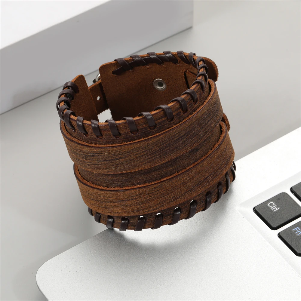 2024 Trend Jewelry Handmade Weave Genuine Leather Bracelet Men Charm Cuff Wide Leather Bracelet Pulsera Hombre