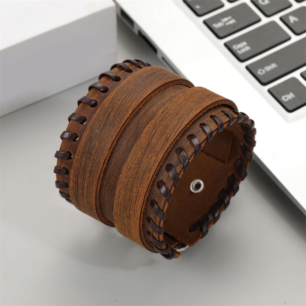 2024 Trend Jewelry Handmade Weave Genuine Leather Bracelet Men Charm Cuff Wide Leather Bracelet Pulsera Hombre