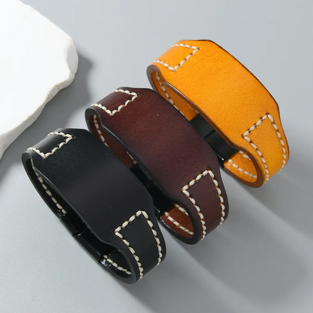 Hand Stitched Genuine Leather Bracelet Vintage Style Unisex Couple Cuff for Men and Women
