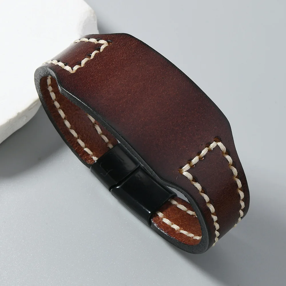 Hand Stitched Genuine Leather Bracelet Vintage Style Unisex Couple Cuff for Men and Women