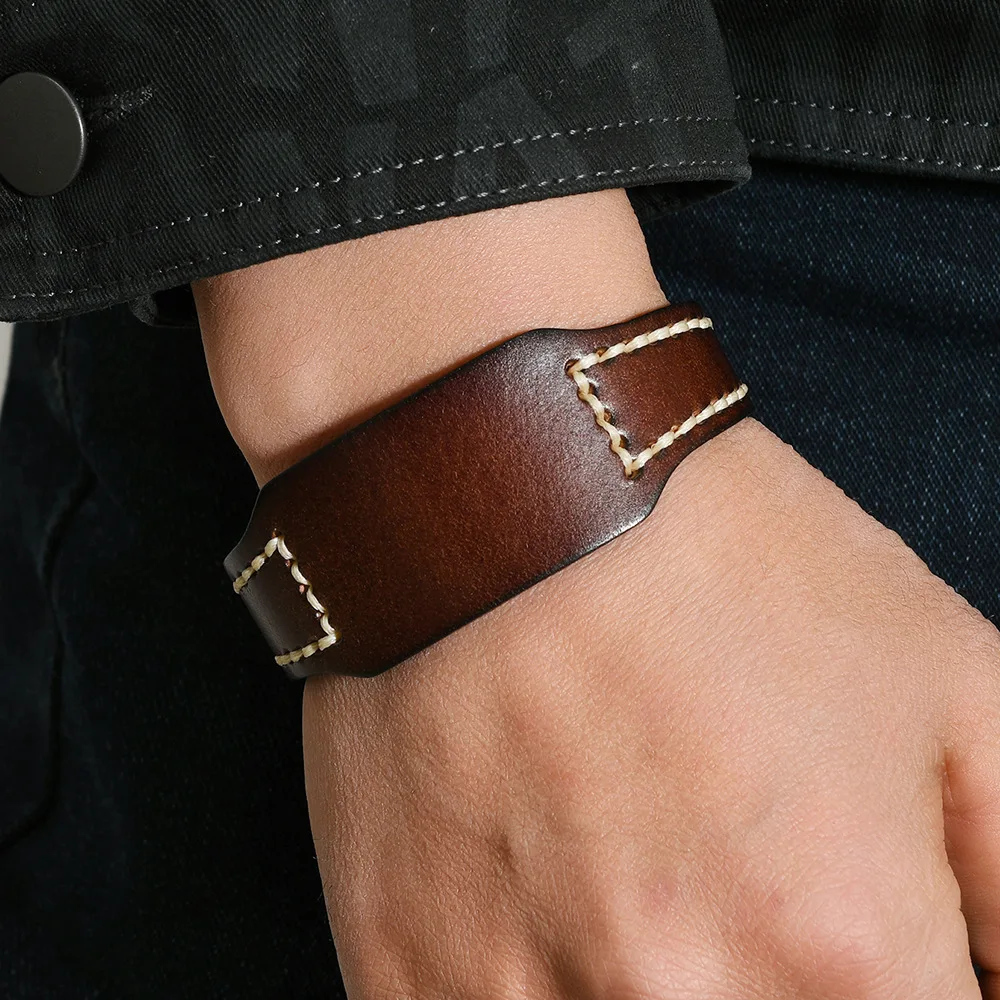 Hand Stitched Genuine Leather Bracelet Vintage Style Unisex Couple Cuff for Men and Women