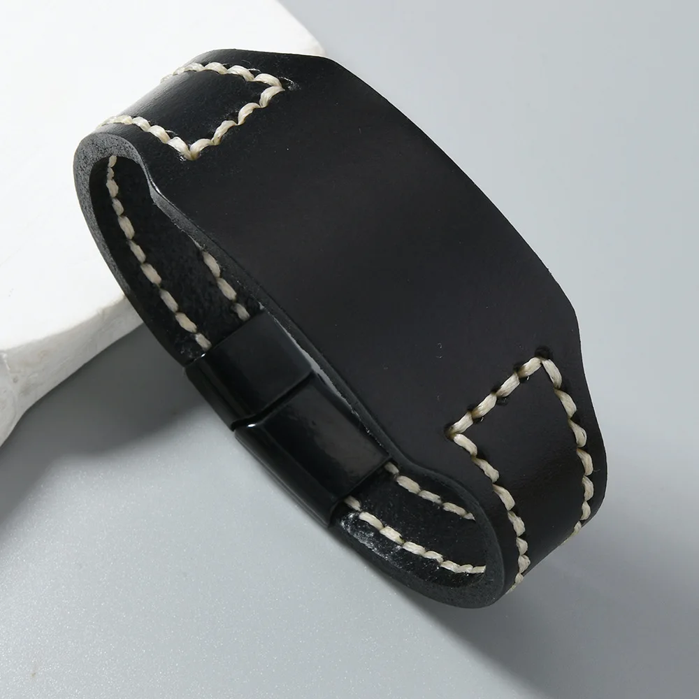 Hand Stitched Genuine Leather Bracelet Vintage Style Unisex Couple Cuff for Men and Women