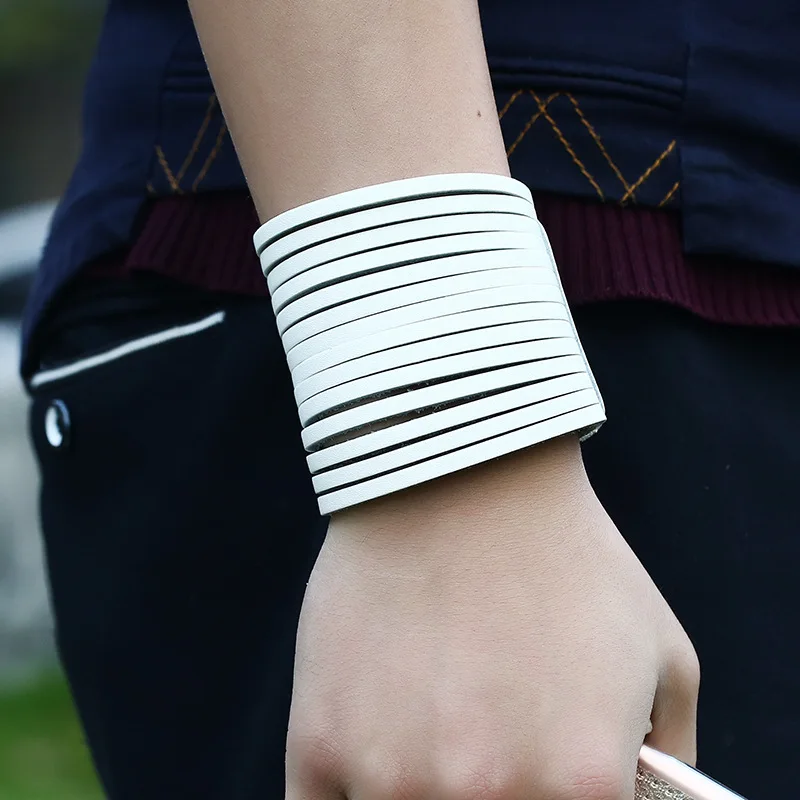 Jessingshow Punk Vintage Black Brown White Genuine Leather Charm Unisex Wide Big Bracelet Bangle Men Women Jewelry Gift Jessingshow Punk Vintage Black Brown White Genuine Leather Charm Unisex Wide Big Bracelet Bangle Men Women Jewelry Gift