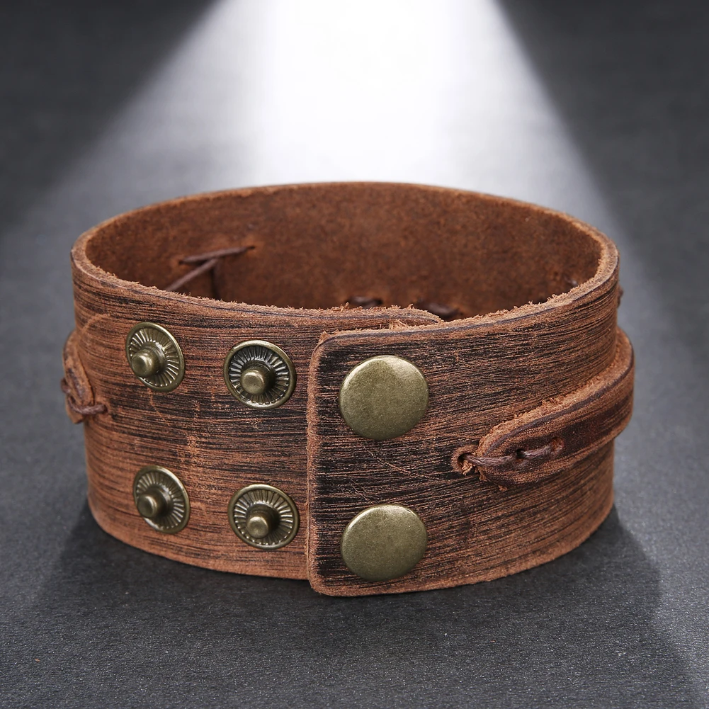2025 Trend Jewelry Vintage Hand Woven Smooth Leather Bracelet Cuff Wide Leather Bracelet For Men's Accessories Pulsera
