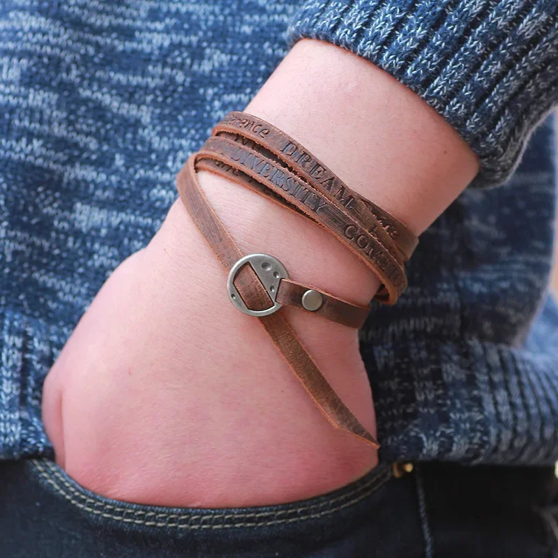 Vintage Bohemian Leather Wrap Bracelet – Multilayer Cowhide Cuff with Inspirational Engraving for Men & Women Vintage Bohemian Leather Wrap Bracelet – Multilayer Cowhide Cuff with Inspirational Engraving for Men & Women
