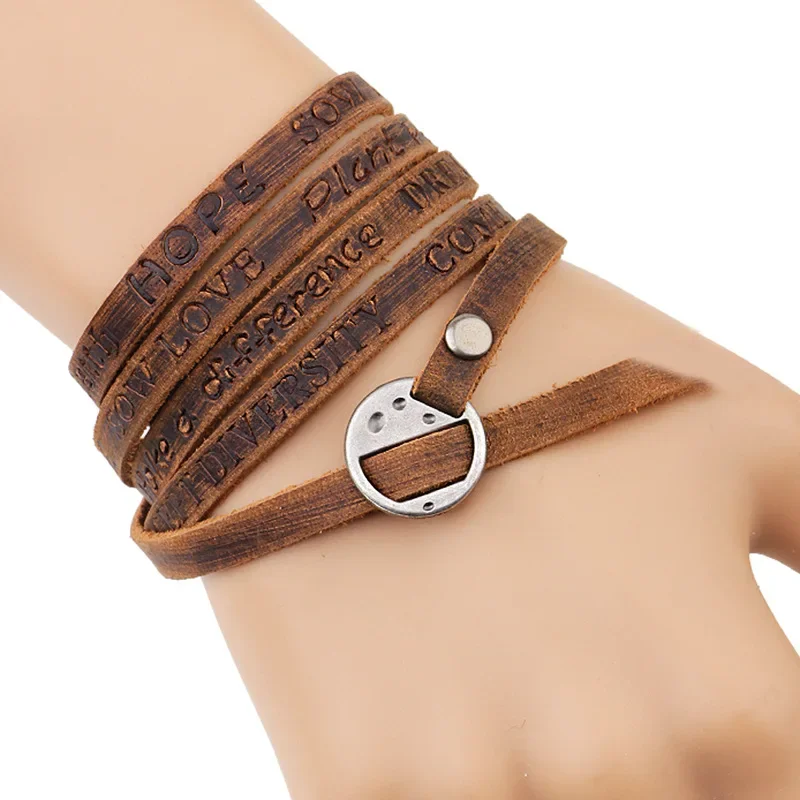 Vintage Bohemian Leather Wrap Bracelet – Multilayer Cowhide Cuff with Inspirational Engraving for Men & Women Vintage Bohemian Leather Wrap Bracelet – Multilayer Cowhide Cuff with Inspirational Engraving for Men & Women
