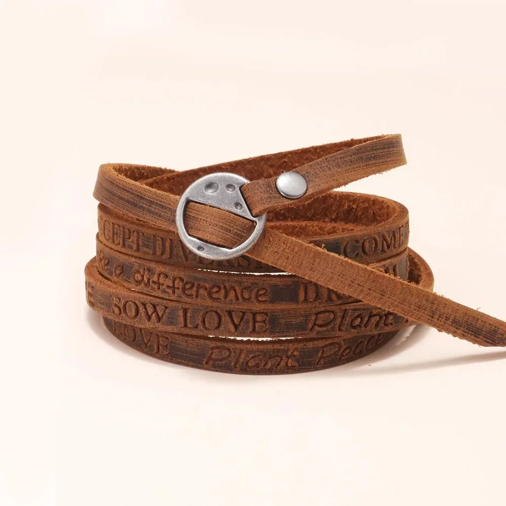 Vintage Bohemian Leather Wrap Bracelet – Multilayer Cowhide Cuff with Inspirational Engraving for Men & Women Vintage Bohemian Leather Wrap Bracelet – Multilayer Cowhide Cuff with Inspirational Engraving for Men & Women