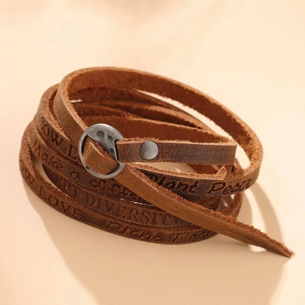 Vintage Bohemian Leather Wrap Bracelet – Multilayer Cowhide Cuff with Inspirational Engraving for Men & Women Vintage Bohemian Leather Wrap Bracelet – Multilayer Cowhide Cuff with Inspirational Engraving for Men & Women