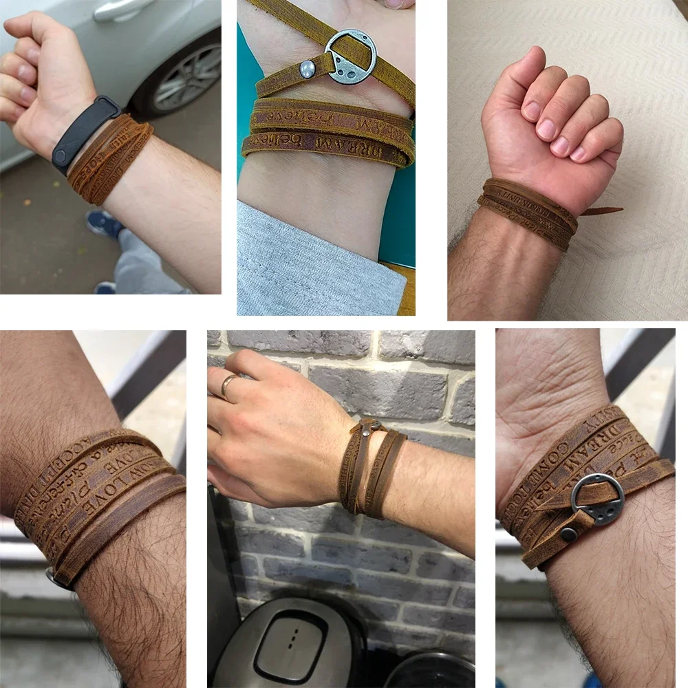 Vintage Bohemian Leather Wrap Bracelet – Multilayer Cowhide Cuff with Inspirational Engraving for Men & Women Vintage Bohemian Leather Wrap Bracelet – Multilayer Cowhide Cuff with Inspirational Engraving for Men & Women
