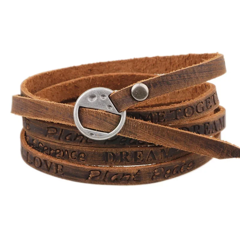 Vintage Bohemian Leather Wrap Bracelet – Multilayer Cowhide Cuff with Inspirational Engraving for Men & Women Vintage Bohemian Leather Wrap Bracelet – Multilayer Cowhide Cuff with Inspirational Engraving for Men & Women