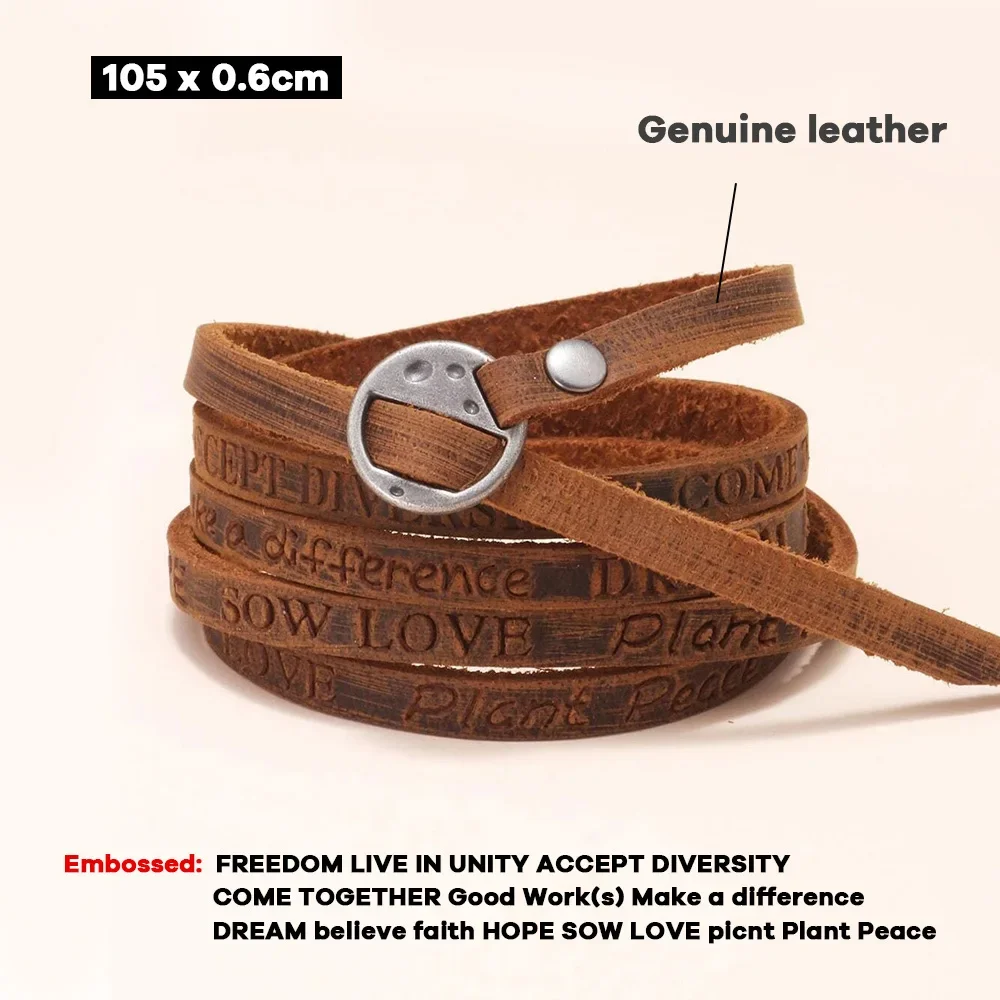 Vintage Bohemian Leather Wrap Bracelet – Multilayer Cowhide Cuff with Inspirational Engraving for Men & Women Vintage Bohemian Leather Wrap Bracelet – Multilayer Cowhide Cuff with Inspirational Engraving for Men & Women