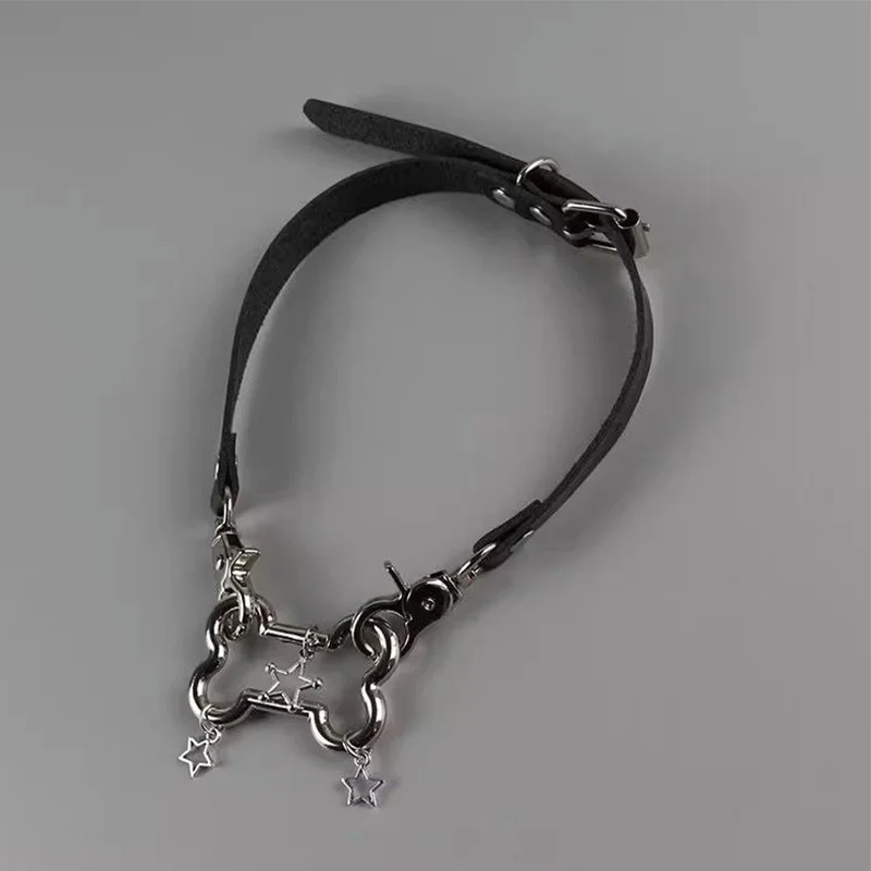 Y2K Trendy Glossy Alloy Bone Star Pendant Necklace for Women Charms Black White Leather Choker Vintage Punk Cool Jewelry Gifts