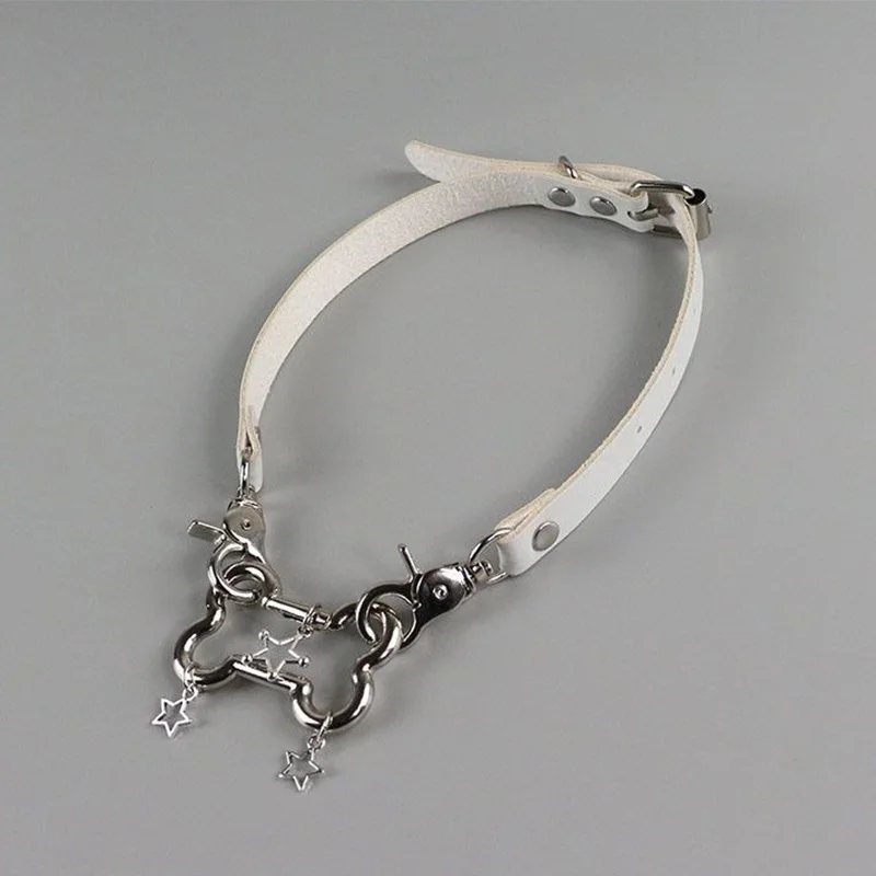 Y2K Trendy Glossy Alloy Bone Star Pendant Necklace for Women Charms Black White Leather Choker Vintage Punk Cool Jewelry Gifts
