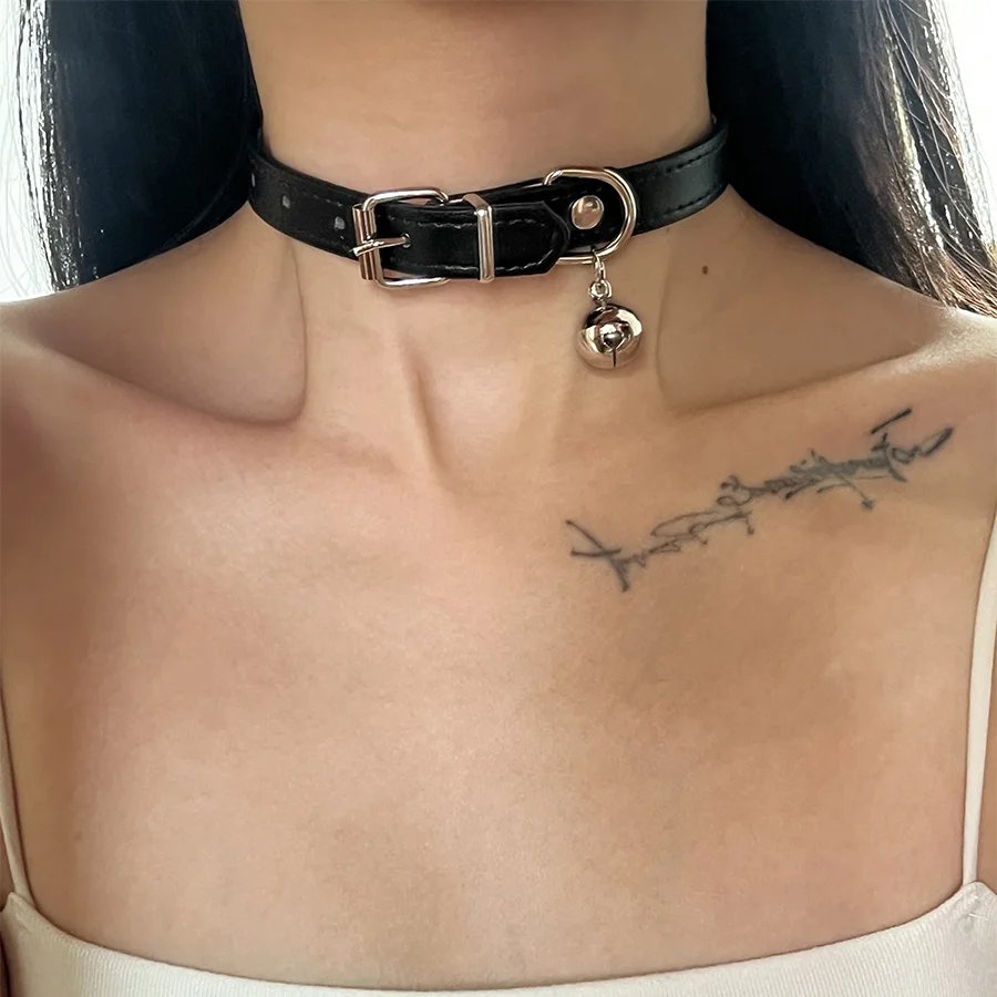 New Fashion Hiphop Small Bell Pendant Black PU Leather Necklace for Women Cool Charms Choker Party Jewelry Cosplay Accessories