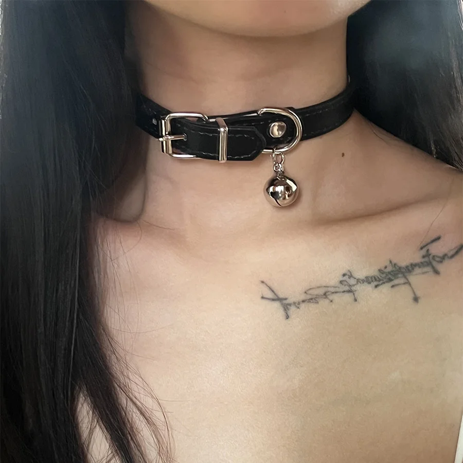 New Fashion Hiphop Small Bell Pendant Black PU Leather Necklace for Women Cool Charms Choker Party Jewelry Cosplay Accessories