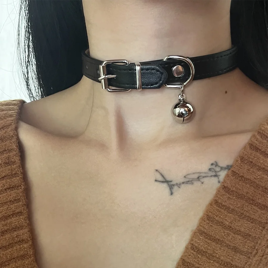 New Fashion Hiphop Small Bell Pendant Black PU Leather Necklace for Women Cool Charms Choker Party Jewelry Cosplay Accessories