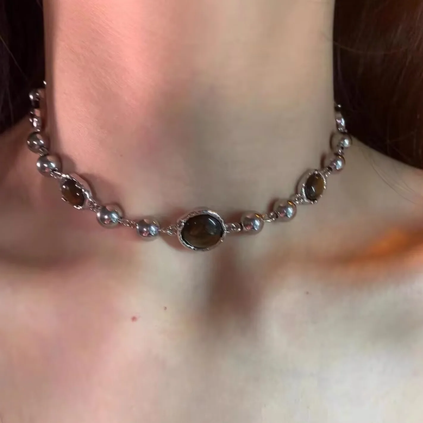 New Trendy Amber Cat Eye Stone Choker Necklace for Women Versatile Simple Punk Gothic Necklace Jewelry Gift