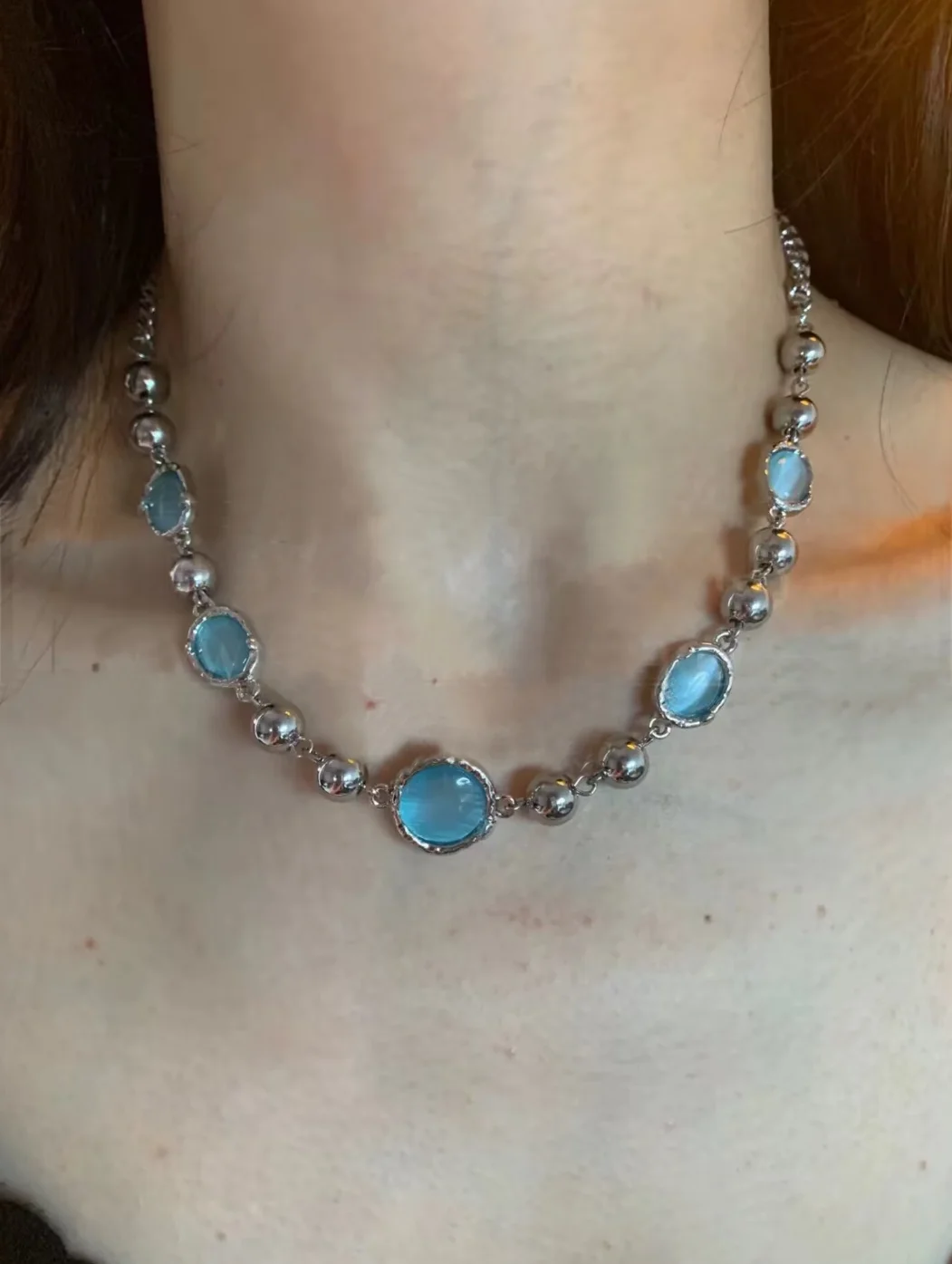 New Trendy Amber Cat Eye Stone Choker Necklace for Women Versatile Simple Punk Gothic Necklace Jewelry Gift