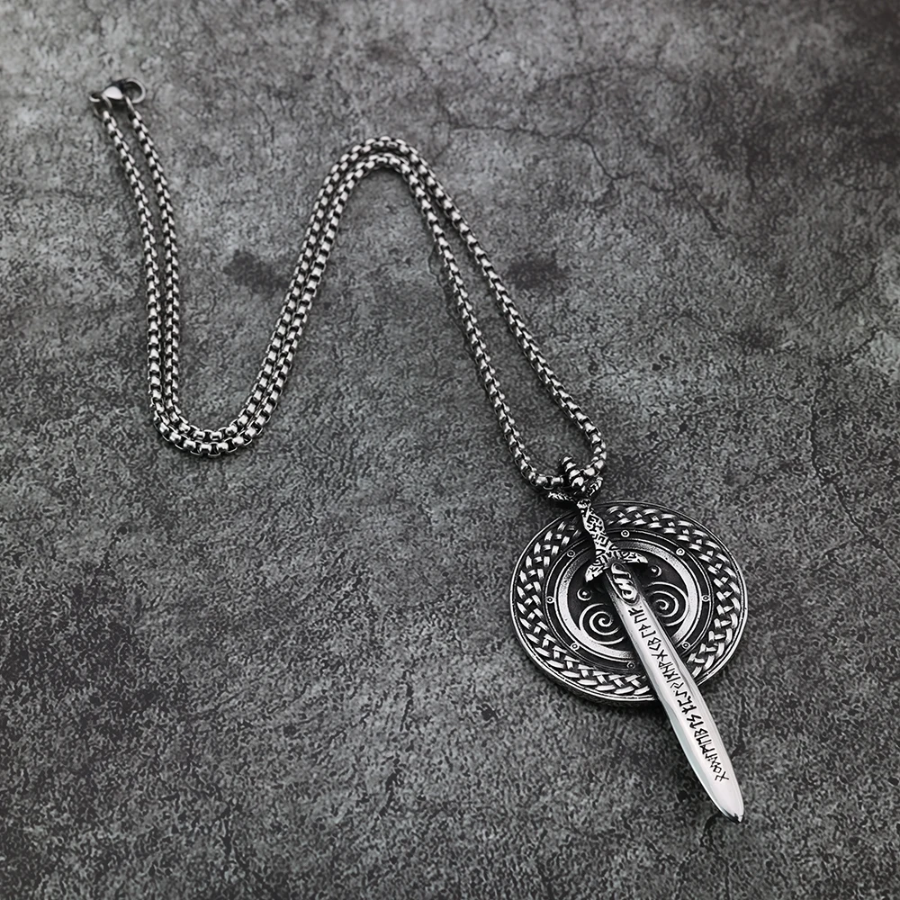 European and American Style Viking Personality Rune Warrior Sword Shield Men’s Stainless Steel Pendant Necklace Viking Jewelry European and American Style Viking Personality Rune Warrior Sword Shield Men's Stainless Steel Pendant Necklace Viking Jewelry
