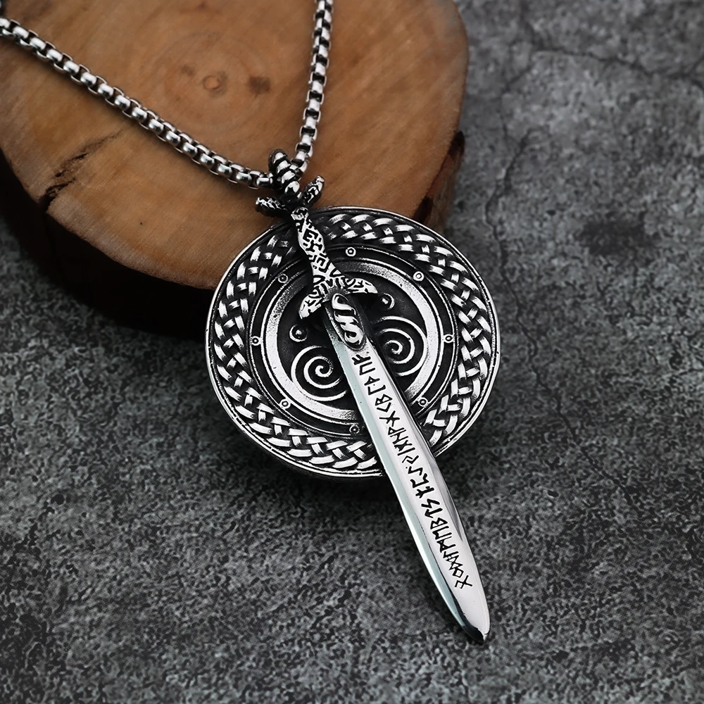 European and American Style Viking Personality Rune Warrior Sword Shield Men's Stainless Steel Pendant Necklace Viking Jewelry