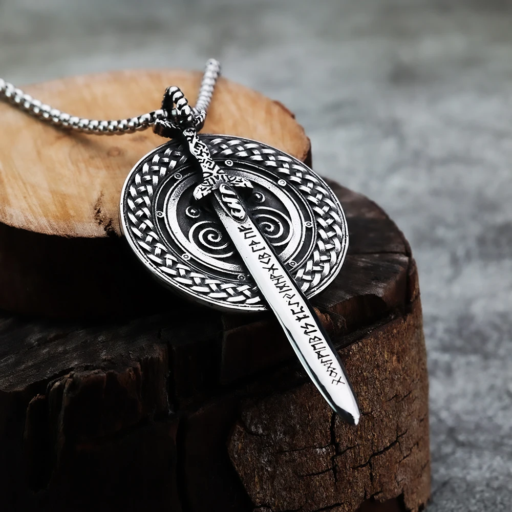 European and American Style Viking Personality Rune Warrior Sword Shield Men’s Stainless Steel Pendant Necklace Viking Jewelry European and American Style Viking Personality Rune Warrior Sword Shield Men's Stainless Steel Pendant Necklace Viking Jewelry