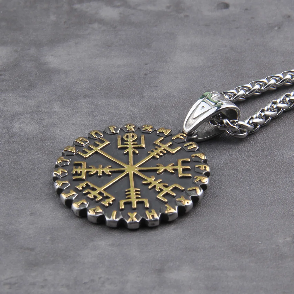 Never fade Stainless steel “Helm of Awe” and “Viking Vegvisir” Iron Color Viking Rune Pendant Necklace As Men Gift Never fade Stainless steel