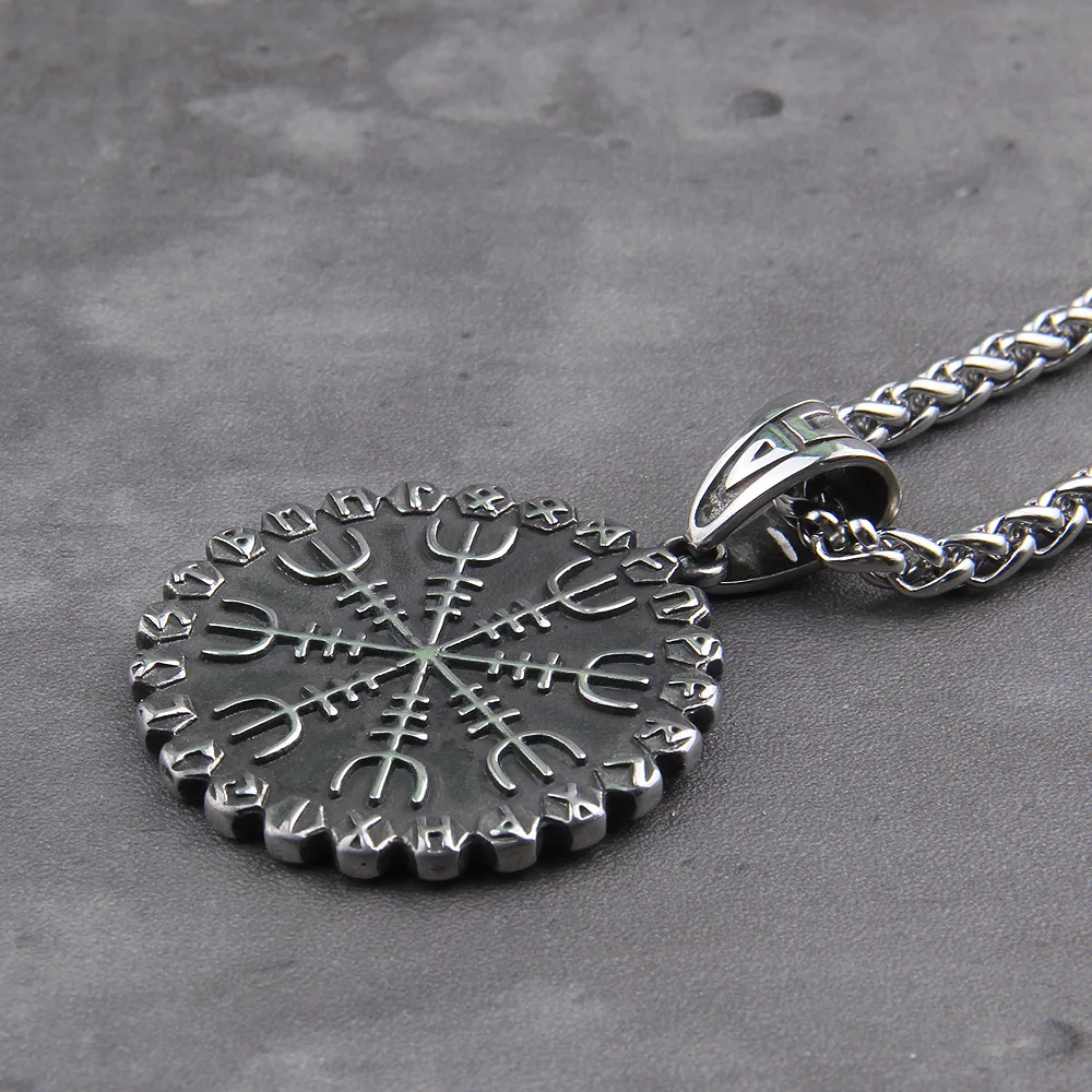 Never fade Stainless steel “Helm of Awe” and “Viking Vegvisir” Iron Color Viking Rune Pendant Necklace As Men Gift Never fade Stainless steel