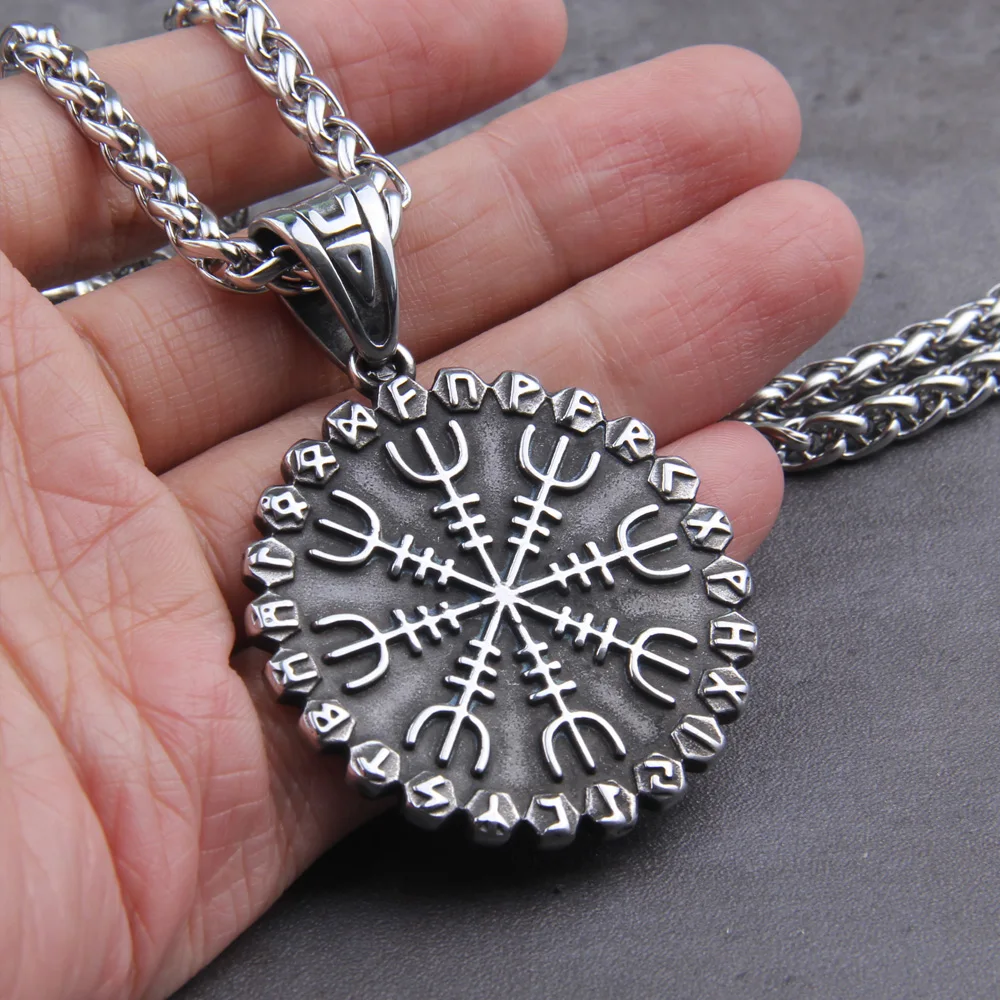 Never fade Stainless steel “Helm of Awe” and “Viking Vegvisir” Iron Color Viking Rune Pendant Necklace As Men Gift Never fade Stainless steel