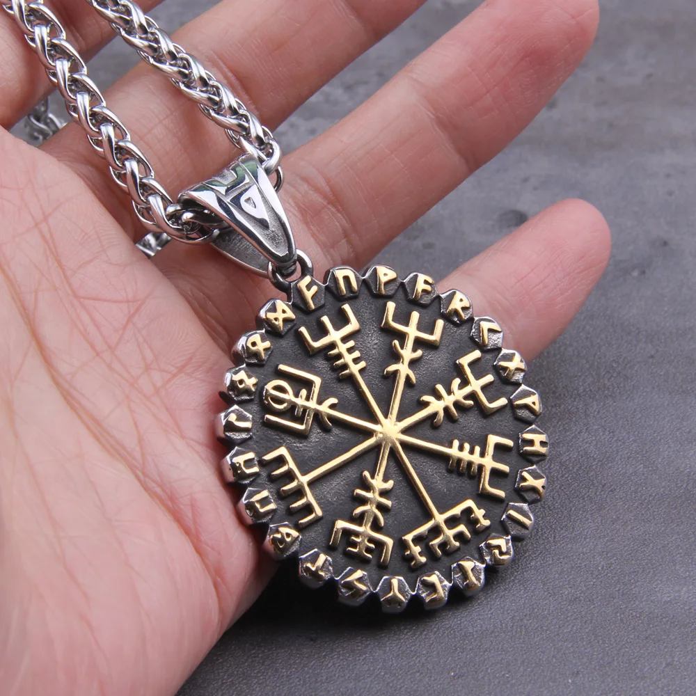 Never fade Stainless steel “Helm of Awe” and “Viking Vegvisir” Iron Color Viking Rune Pendant Necklace As Men Gift Never fade Stainless steel