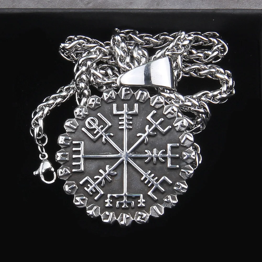 Never fade Stainless steel “Helm of Awe” and “Viking Vegvisir” Iron Color Viking Rune Pendant Necklace As Men Gift Never fade Stainless steel