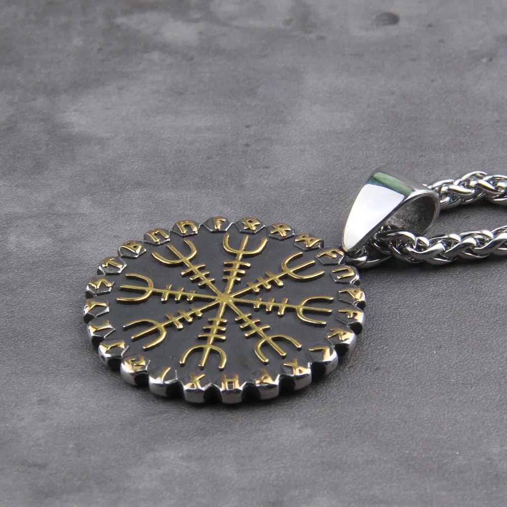 Never fade Stainless steel “Helm of Awe” and “Viking Vegvisir” Iron Color Viking Rune Pendant Necklace As Men Gift Never fade Stainless steel