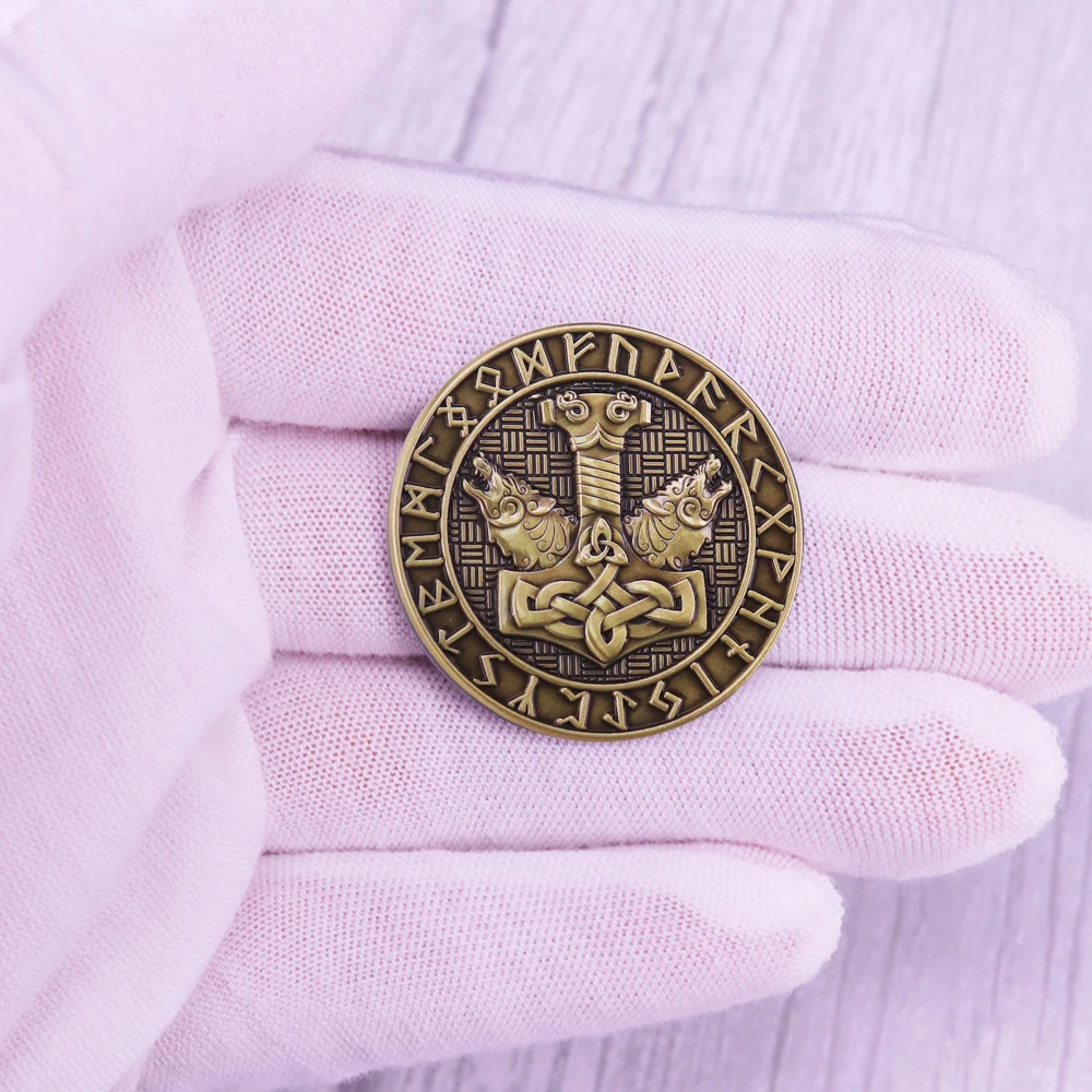 Mjolnir Hammer With Wolf Brooch Norse Mythology Viking Symbol Vintage Metal Badge Mjolnir Hammer With Wolf Brooch Norse Mythology Viking Symbol Vintage Metal Badge