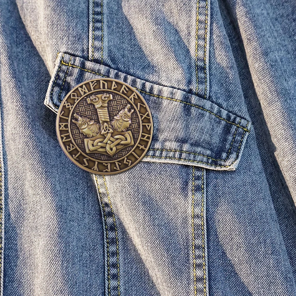 Mjolnir Hammer With Wolf Brooch Norse Mythology Viking Symbol Vintage Metal Badge Mjolnir Hammer With Wolf Brooch Norse Mythology Viking Symbol Vintage Metal Badge