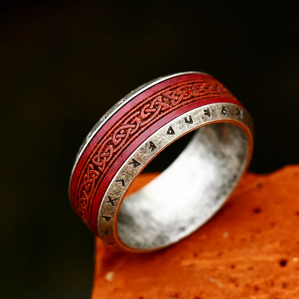 BEIER 2024 New Unique Design Stainless Steel Spinning Viking Red Rosewood Ring For Men Nordic Valknut Celtic Knot Wood Jewelry