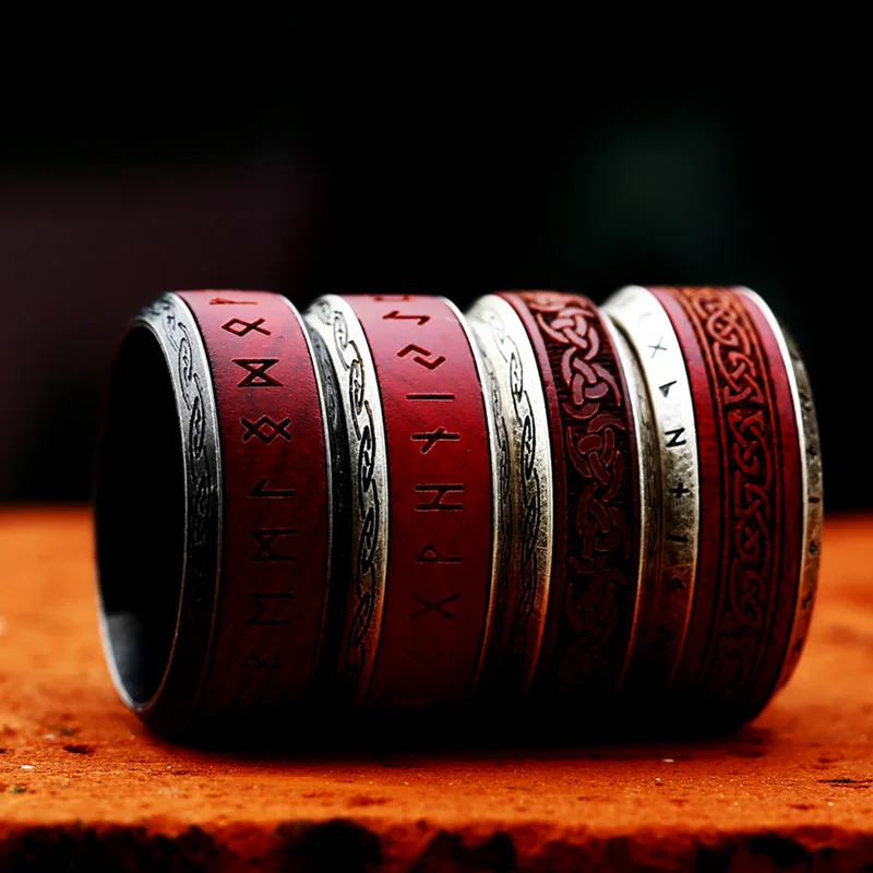 BEIER 2024 New Unique Design Stainless Steel Spinning Viking Red Rosewood Ring For Men Nordic Valknut Celtic Knot Wood Jewelry BEIER 2024 New Unique Design Stainless Steel Spinning Viking Red Rosewood Ring For Men Nordic Valknut Celtic Knot Wood Jewelry