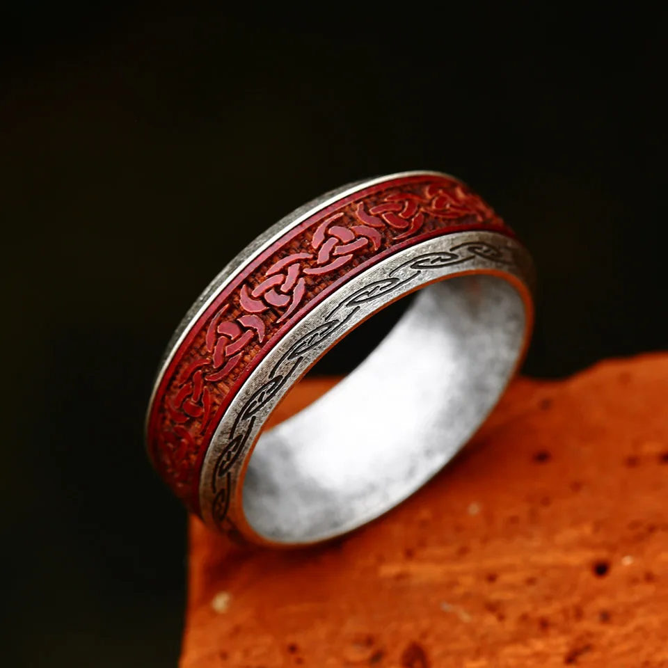 BEIER 2024 New Unique Design Stainless Steel Spinning Viking Red Rosewood Ring For Men Nordic Valknut Celtic Knot Wood Jewelry