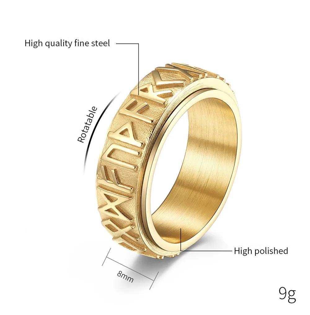 MKENDN Stainless Steel Norse Viking Runes Amulet Spinner Ring Punk Hip Hop Men Women Futhark Rune Viking Jewelry