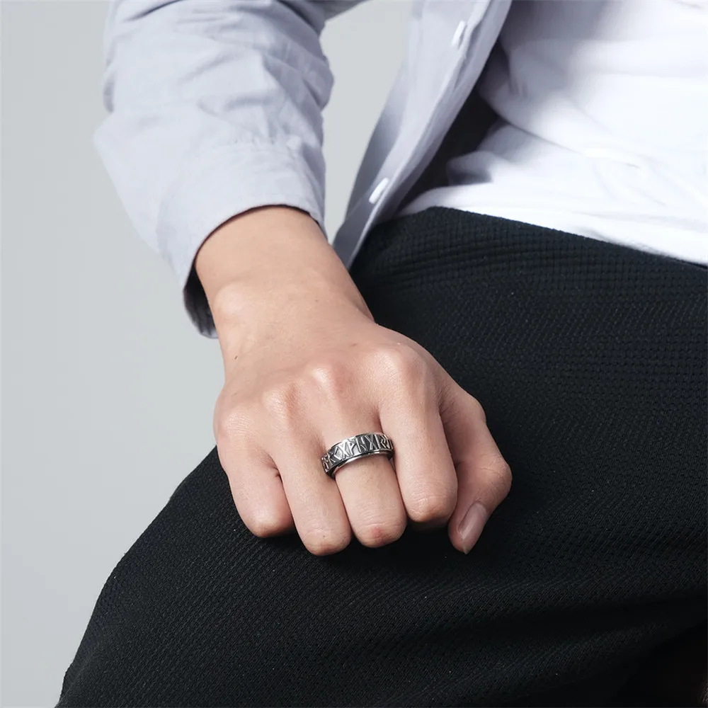 MKENDN Stainless Steel Norse Viking Runes Amulet Spinner Ring Punk Hip Hop Men Women Futhark Rune Viking Jewelry