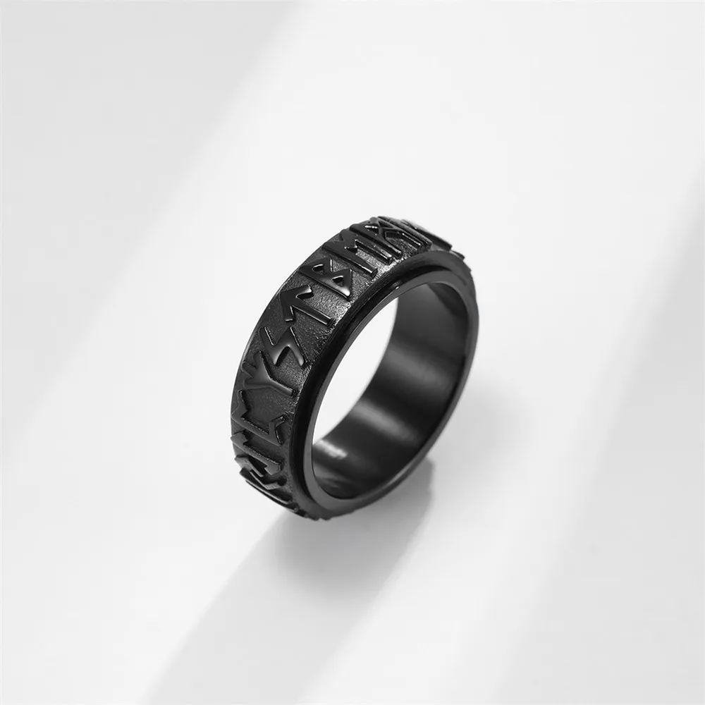 MKENDN Stainless Steel Norse Viking Runes Amulet Spinner Ring Punk Hip Hop Men Women Futhark Rune Viking Jewelry