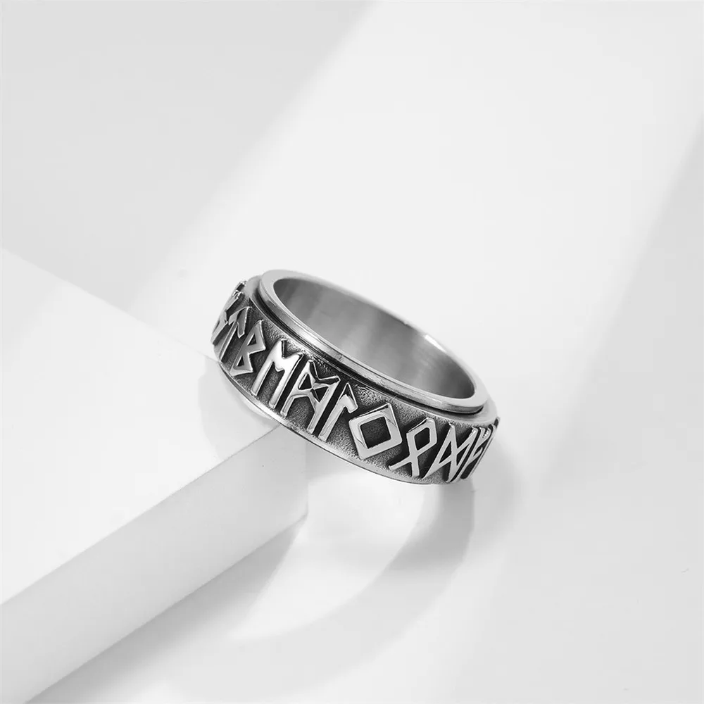 MKENDN Stainless Steel Norse Viking Runes Amulet Spinner Ring Punk Hip Hop Men Women Futhark Rune Viking Jewelry